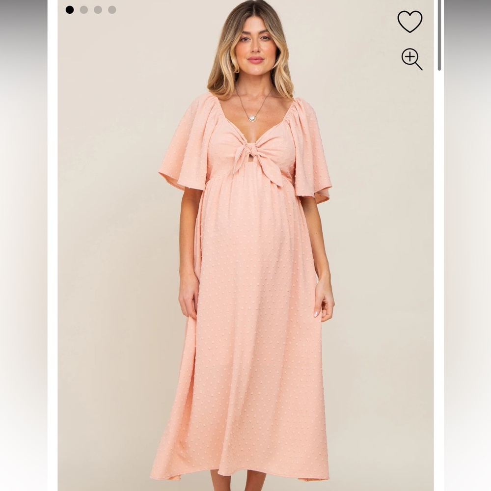 Peach Textured Dot Front Tie Ruffle Sleeve Maternity Midi Dress